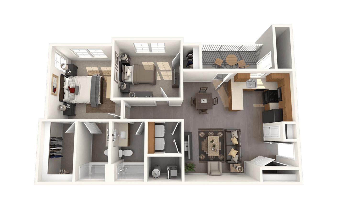 Floor plan for 2 beds, 2 baths, 1000 sqft